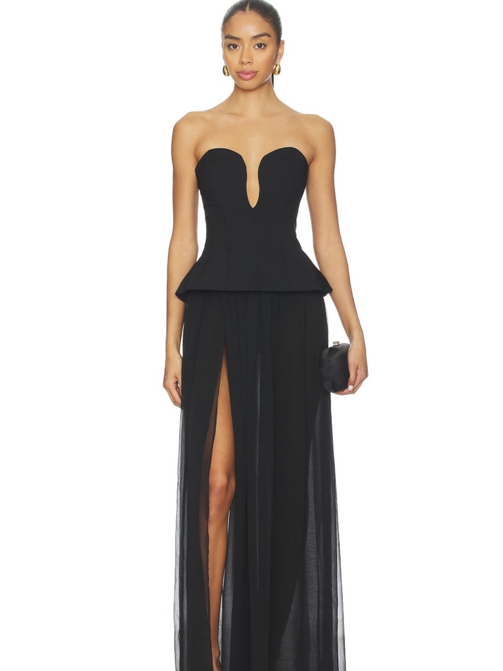 NBD Black Strapless Peplum Maxi Gown with Sheer Split Skirt